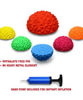 Hedgehog Balance Pods Set Of 6 In Multiple Colors For Home Gym Training Portable PVC Balance Discs and pump on white background.