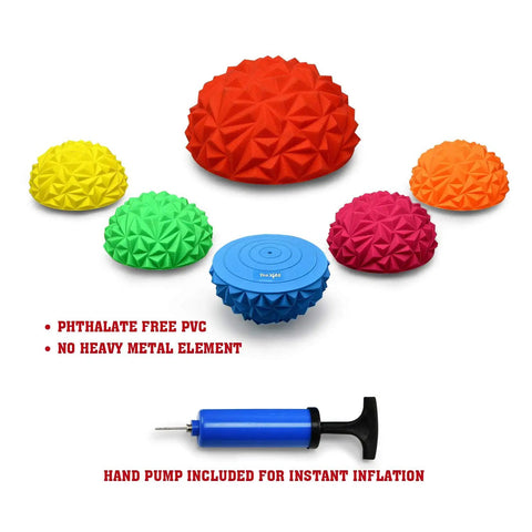 Hedgehog Balance Pods Set Of 6 In Multiple Colors For Home Gym Training Portable PVC Balance Discs and pump on white background.