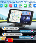 Universal 7 Inch HD CarPlay Screen With Wireless CarPlay And Android Auto shown with GPS map and voice control options in car