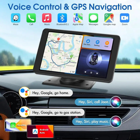 Universal 7 Inch HD CarPlay Screen With Wireless CarPlay And Android Auto shown with GPS map and voice control options in car