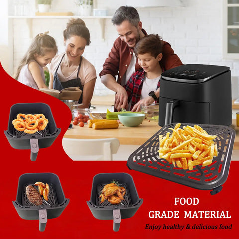 Straight Up Premium Air Fryer Grill Plate For Cosori 6 8 Quart Cookers Boasts Hecka Smooth Nonstick Surface, showing fries and onion rings.