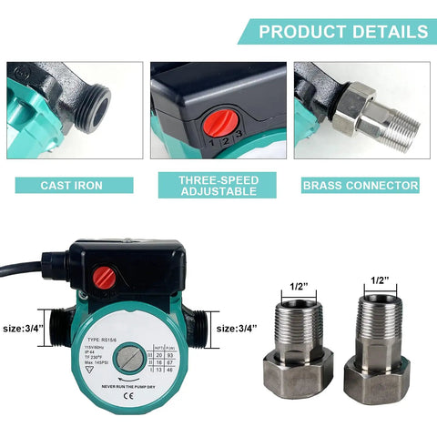 Heavy Duty Hot Water Recirculating Pump 115V With 3 Speed Control And 145 PSI Rating showing cast iron body and brass connector.