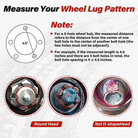 Measurement guide for 5 lug 4.5 inch hub pattern showing round and not D-shape head types for Two Piece 3500 Lb Trailer Hub Kit.