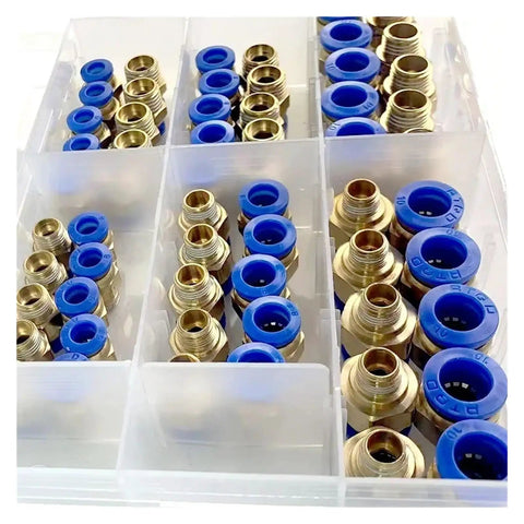 Get Your Hands On These Awesome Air Joint Connectors Hose Tube Pneumatic Fittings Push Lock Kit For Serious Garage Builds And Fast Job Completions. 50-pack brass and blue plastic push-lock fittings in organizer tray