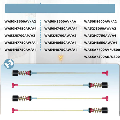 2023 Upgrade DC97-18610A Suspension Rods Kit for Samsung Washers showing model compatibility list and damper rods