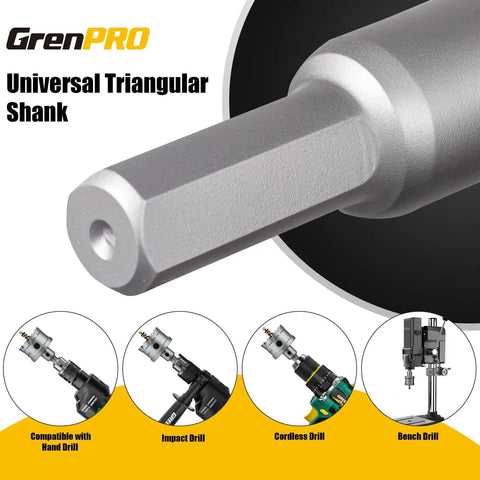 16-Piece Carbide Hole Saw Kit For Metal And Stainless Steel featuring universal triangular shank and drill compatibility