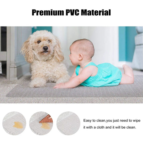 Baby in green outfit and dog lying on Premium PVC Material mat, easy to clean with a cloth for a fresh surface.