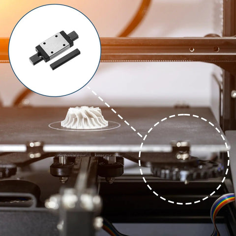 Close-up of 50mm Linear Sliding Rail Guide with MGN7H Carriage Block on 3D printer for precise motion in small projects