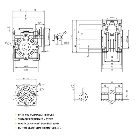 NMRV-030 worm gear reducer blueprint showing mounting flange and shaft dimensions