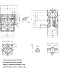 Technical diagram of Beefed-Up NMRV 030 Worm Gear Reducer for NEMA 23 Motors 30 to 1 Reduction 12V Compatible.