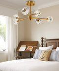 Brass Sputnik Crystal Ball Ceiling Light, Semi Flush Mount over bed, 22 Inch Diameter, Polished Gold Finish, Modern Rustic Chandelier