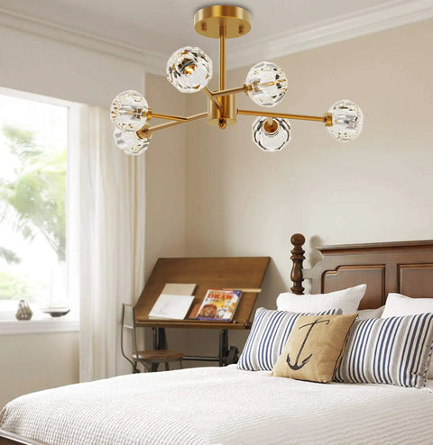 Brass Sputnik Crystal Ball Ceiling Light, Semi Flush Mount over bed, 22 Inch Diameter, Polished Gold Finish, Modern Rustic Chandelier