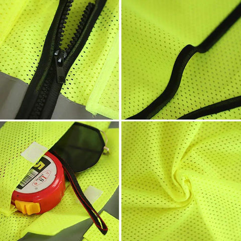Close-up details of High Visibility Reflective Safety Vest For Men And Women With Pockets Breathable Mesh Fabric Machine Washable Hi Vis Vest ANSI Certified Yellow