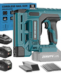 Cordless 18 Gauge Brad Nailer And Staple Gun Bundle With Battery And 1000 Piece Fastener Kit, teal nail gun with batteries.