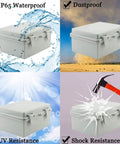 Tough As Nails Heavy Duty ABS Plastic Junction Box IP65 Waterproof Dustproof Outdoor Electrical Enclosure 6.7x8.7x4.3 Inches For Harsh Weather Projects And DIY Wiring Kits, shown with waterproof, dustproof, UV and shock resistance