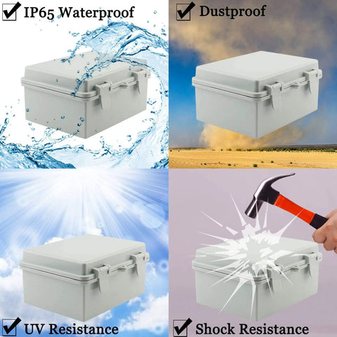 Tough As Nails Heavy Duty ABS Plastic Junction Box IP65 Waterproof Dustproof Outdoor Electrical Enclosure 6.7x8.7x4.3 Inches For Harsh Weather Projects And DIY Wiring Kits, shown with waterproof, dustproof, UV and shock resistance