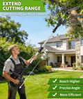 Man using 4 In 1 Pole Saw And Electric Pruning Shears Kit With An 8 Inch Bar For Tree Trimming Cordless Pruner With A 15 Ft Extension Pole And Dual 4Ah Batteries For Easy Yard Work In The Garden to trim tree branches, with extendable pole and green buttons displaying benefits.