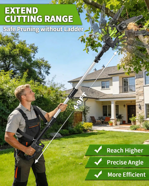 Man using 4 In 1 Pole Saw And Electric Pruning Shears Kit With An 8 Inch Bar For Tree Trimming Cordless Pruner With A 15 Ft Extension Pole And Dual 4Ah Batteries For Easy Yard Work In The Garden to trim tree branches, with extendable pole and green buttons displaying benefits.