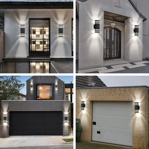 Slick Modern Black Outdoor Wall Light Two Pack Weatherproof Exterior Sconce shown on house, garage, and porch at night
