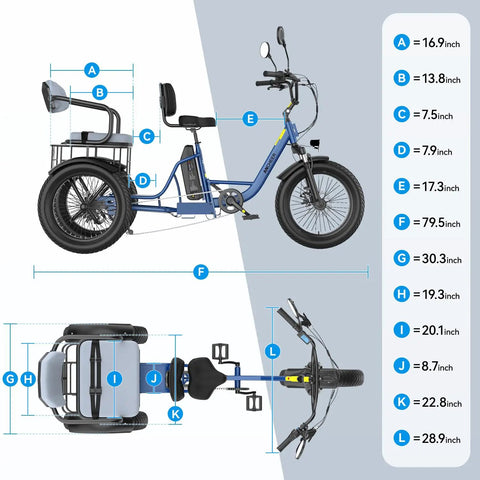 All Terrain Electric Tricycle for Adults with Fat 20 Inch Tires, 864Wh Removable Battery, 15.5 MPH Three Wheel Ebike for Seniors, LCD Display, Rear Differential, and Handy Rear Seat Basket in Blue, side and top dimensions