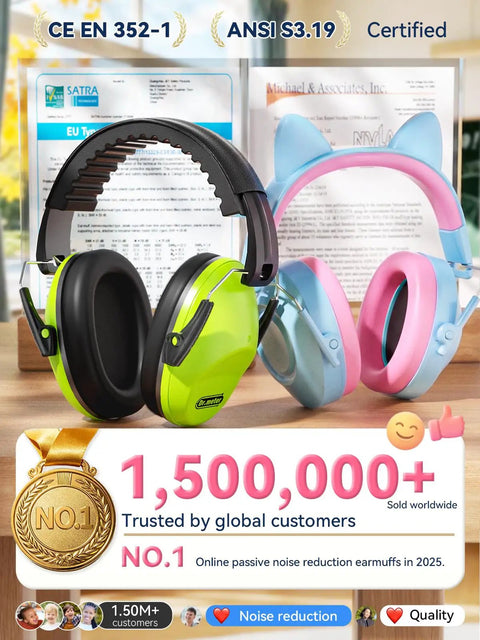 Kids Noise Canceling Ear Muffs 32dB SNR For Concerts And Fireworks Adjustable Hearing Protection For Autism Sensory Memory Foam Padding And Breathable PU Leather Blue With Fun Stickers, certified view