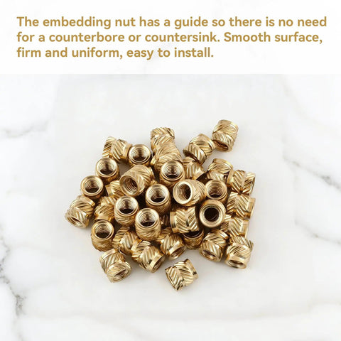 Bulk 300 Pcs M4 Threaded Inserts For 3D Printing Knurled Brass Heat Set Nuts M4 X D6 X L6 For Plastic Projects shown on marble surface