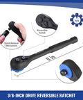 Close-up of 3/8-inch reversible ratchet with quick-release mechanism, part of the 39 Piece Drive Socket Wrench Set With One Quarter Inch And Three Eighth Inch Sockets, Ratchet, Extension Bar, Spinner Handle And Adapter, Black Phosphate Finish Mechanics Tool Kit With Toolbox, Metric And SAE For DIYers And Pros, with 72T gear and 8-inch length.
