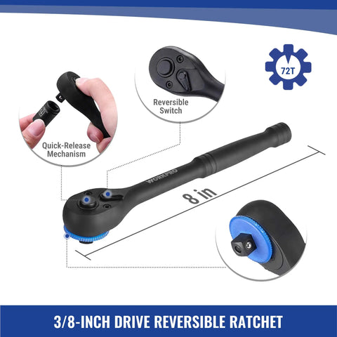 Close-up of 3/8-inch reversible ratchet with quick-release mechanism, part of the 39 Piece Drive Socket Wrench Set With One Quarter Inch And Three Eighth Inch Sockets, Ratchet, Extension Bar, Spinner Handle And Adapter, Black Phosphate Finish Mechanics Tool Kit With Toolbox, Metric And SAE For DIYers And Pros, with 72T gear and 8-inch length.