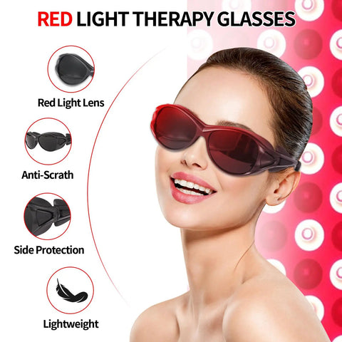 Woman wearing Dope Red Light Therapy Glasses With Broad Spectrum 200 To 2000nm Protection, IPL Laser Safety Goggles for Tanning