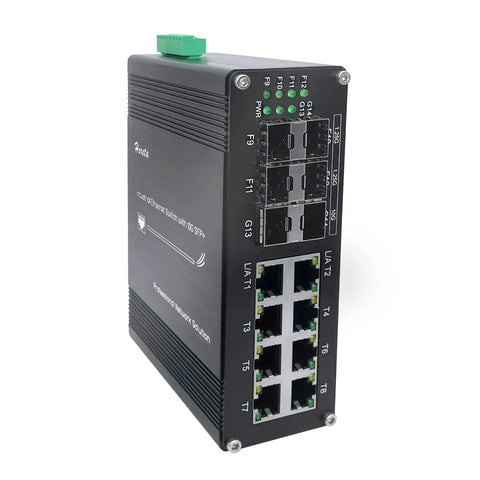 Industrial 14 Port Gigabit Ethernet Switch With Eight 10 100 1000T RJ45 Ports, Four 1G SFP Slots, And Two 10G SFP Plus Uplink Ports