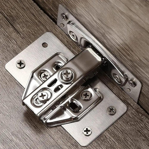 Stainless Steel Cabinet Hinge Repair Plate Fixing Bracket With Screws, Rust Resistant Silver Finish, installed on wood surface