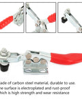 Heavy Duty Carbon Steel Toggle Clamp With 500 Lbs Holding Capacity For Woodworking Jigs And Welding Fixtures, Vertical And Horizontal Fixture Hand Tool That Delivers Quick Setup, Solid Hold, And Easy Release In Shops And Garages, with red handle and metal body, shown from different angles