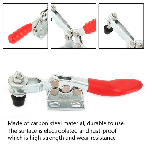 Heavy Duty Carbon Steel Toggle Clamp With 500 Lbs Holding Capacity For Woodworking Jigs And Welding Fixtures, Vertical And Horizontal Fixture Hand Tool That Delivers Quick Setup, Solid Hold, And Easy Release In Shops And Garages, with red handle and metal body, shown from different angles