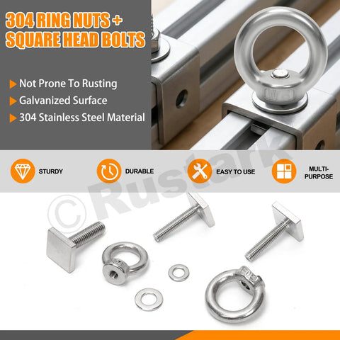 18 Piece M6 T Track Mount Tie Down Anchor Kit 304 Stainless Steel T Slot Bolts With Eye Bolts shown with ring nut and square head bolts