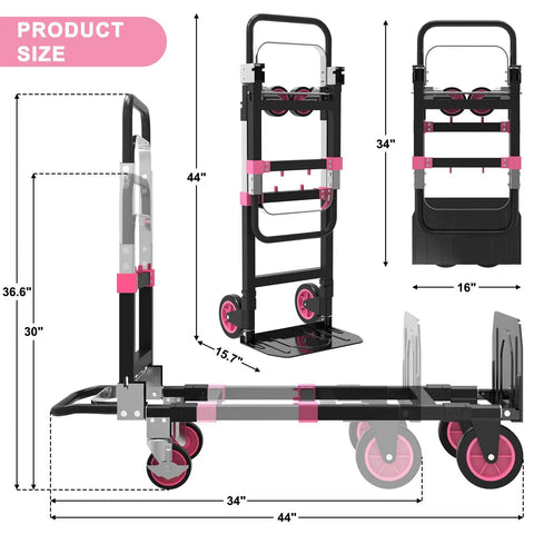 Premium 3 In 1 Convertible Folding Hand Truck Dolly Cart With Heavy Duty Steel Frame And Smooth Rolling Rubber Wheels, dimensions and features view.