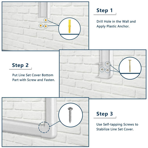Installation steps for 4 Inch W 25 Ft L PVC Decorative Line Set Cover Kit For Ductless Mini Split Air Conditioners And Heat Pumps.