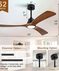 52 Inch Modern Black Ceiling Fan With Lights And Remote Control Wall Switch Dimmable Reversible Solid Wood Blades shown