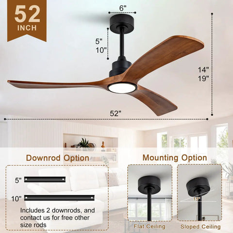 52 Inch Modern Black Ceiling Fan With Lights And Remote Control Wall Switch Dimmable Reversible Solid Wood Blades shown