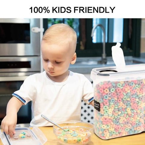 Child using 4 Piece Large Cereal Storage Set With Airtight BPA Free Plastic Containers, 135.2oz Capacity Each