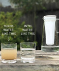 Two glasses of water, one cloudy, one clear, beside a pitcher with Replacement Membrane Microfilter for Home Water Pitchers.