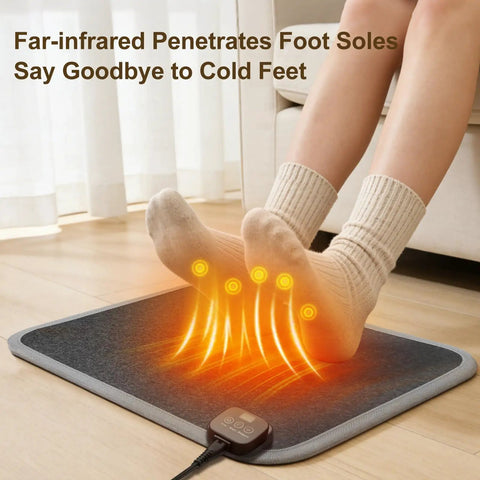 Graphene Heated Floor Mat For Cold Feet With 110V Adjustable Temperature Under Desk Electric Heater With Timer and feet on it