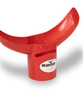 Red dust containment vacuum attachment for buckets prevents flying mortar and grout dust during mixing, shown in profile.