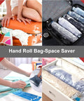 12 Pack Space Saver Vacuum Compression Bags for Travel with clothes packed in suitcase and drawer, no pump required.