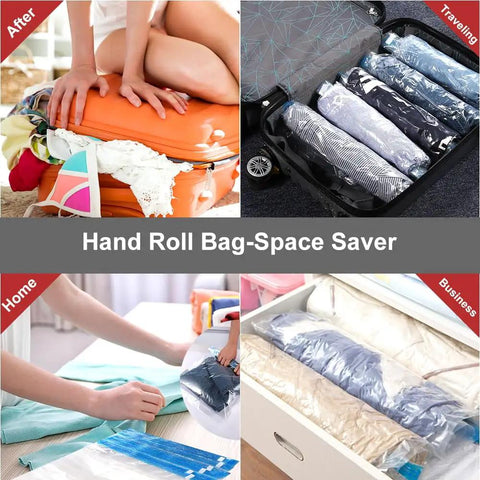 12 Pack Space Saver Vacuum Compression Bags for Travel with clothes packed in suitcase and drawer, no pump required.