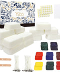All In One Candle Making Kit For Beginners with 2.12 lb soy wax, dyes, wicks, stickers, centering tools, and method paper.