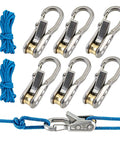 Six Pack Metal Rope Adjusters With Rustproof Brass Cam Tensioners And 9 Foot Reflective Braided Cords for camping tents