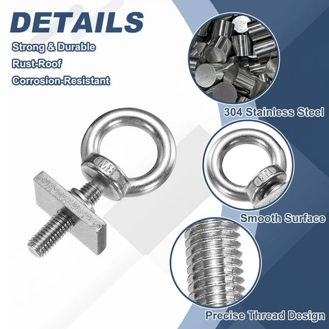 Heavy Duty M8 Eye Bolt Set 4 Pcs Stainless Steel Eyebolts With Nuts, Springs And Flat Washers For Hanging And Tie Down Straps, Indoor Outdoor Lifting Rings 20x33.7x6.8mm Threaded Shoulder Eyebolt, 304 stainless steel eye bolt with threaded shoulder