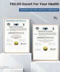 Certificates of LEAD FREE authority for FEELSO products displayed in frames, certifying safety standards.