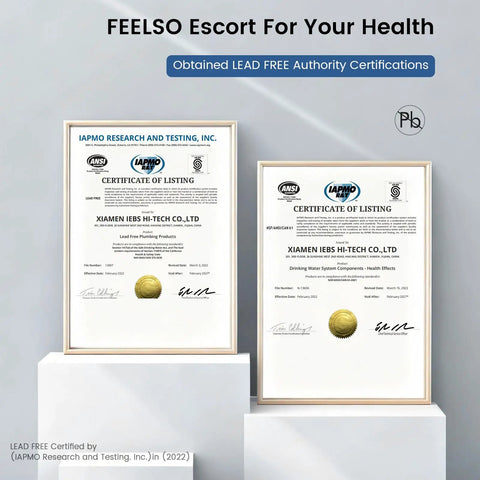 Certificates of LEAD FREE authority for FEELSO products displayed in frames, certifying safety standards.
