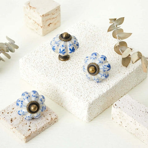 Cool Blue Pumpkin Ceramic Cabinet Knobs, 30 Pack With Mounting Screws, Retro Dresser Pulls For Cabinets And Drawers, styled display
